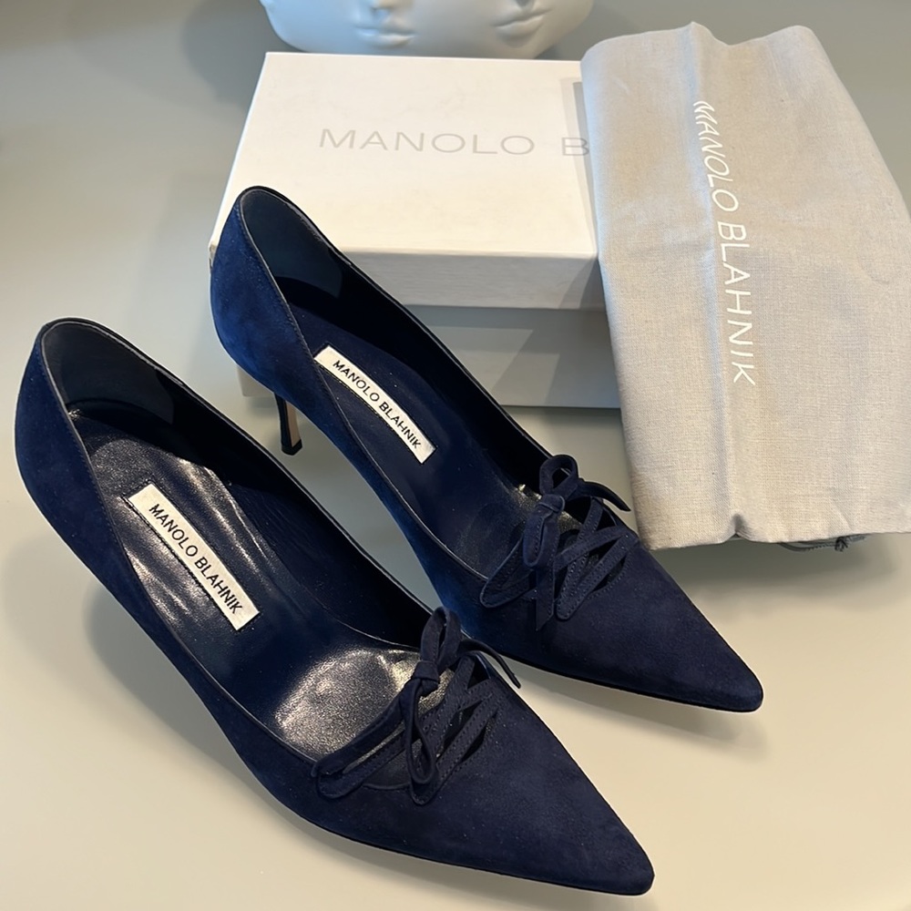 Manolo Blahnik Anieri 70 Navy Suede Pointed Heels NEW - Picture 8 of 8